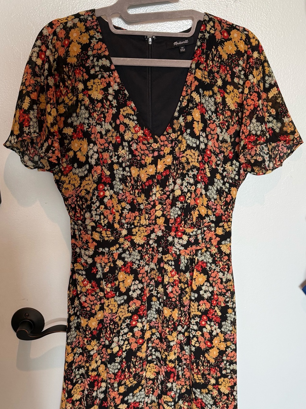 Madewell Black Midi Dress with Yellow, Red & Cream Floral Print